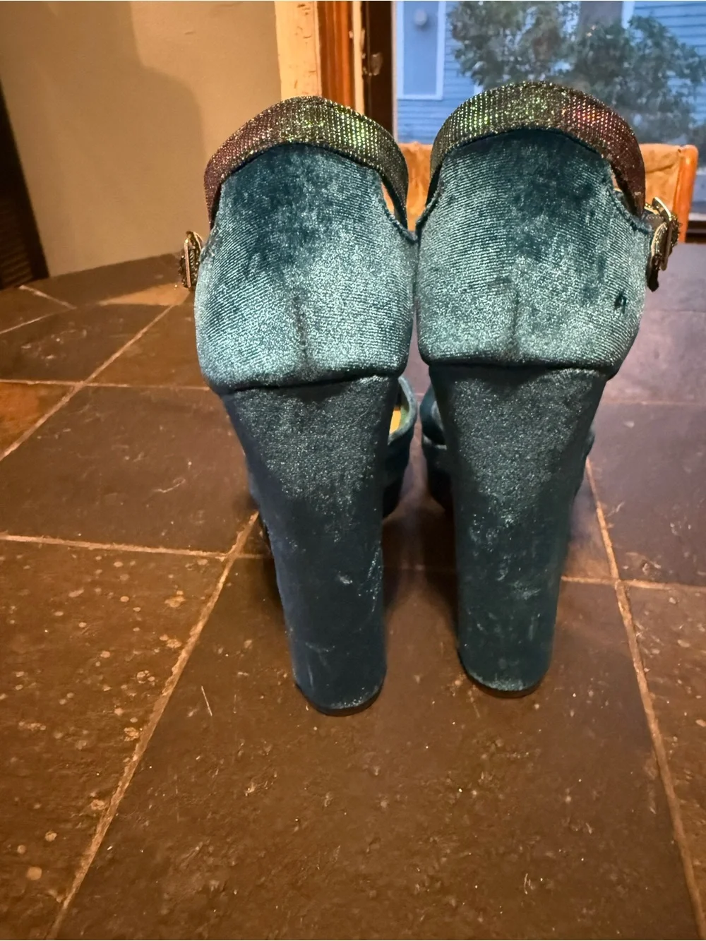 Shoe Dazzle Teal Velvet Platform Ankle-Strap Heels